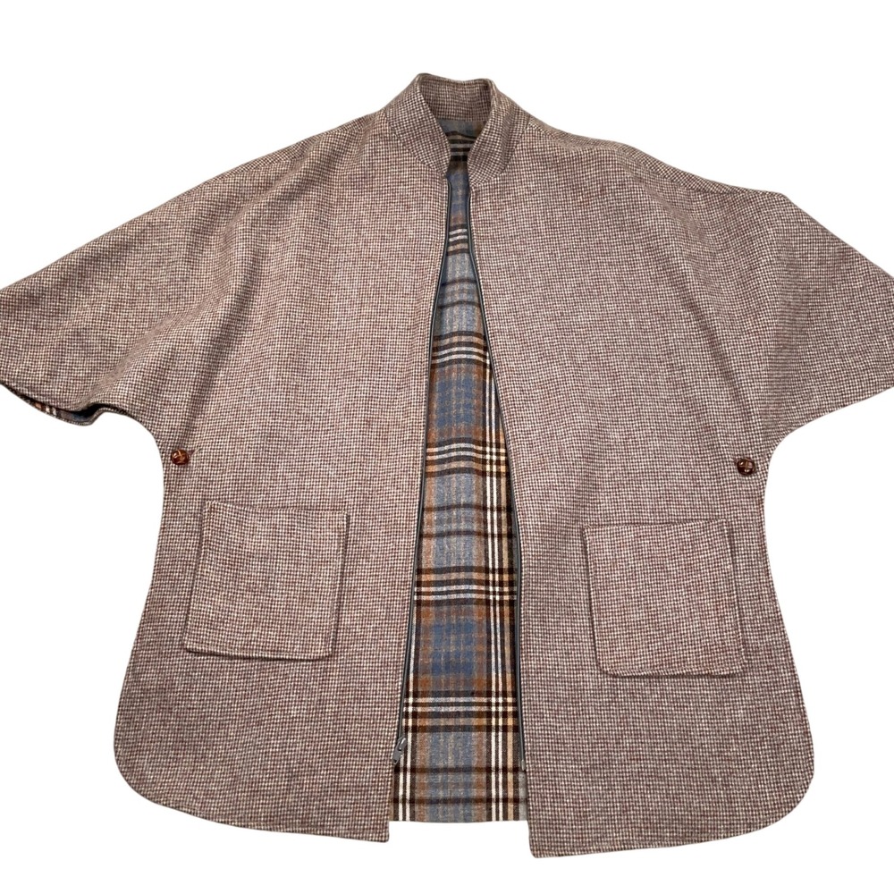 Cape Coat Women OSFA Brown Gray Check Plaid Jacket Pockets Zip Button Open Sides